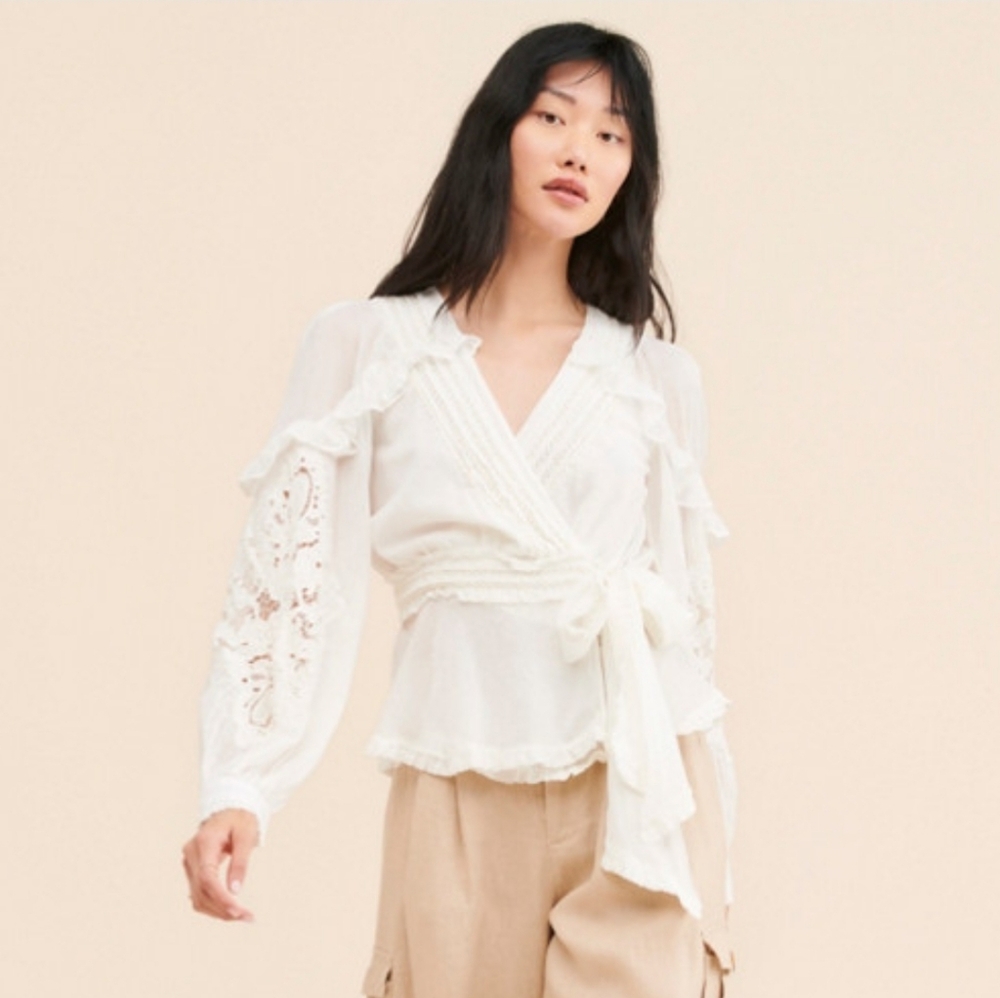 FARM Rio Floral-Lace Cotton Tie Blouse Small